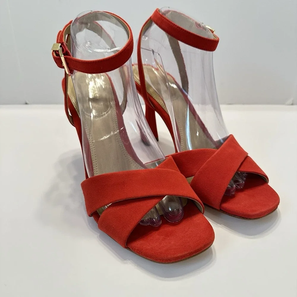 Michael Kors Cara Sandal Heels Suede Leather‎ Bright Red Women's Sz 9.5M Strappy